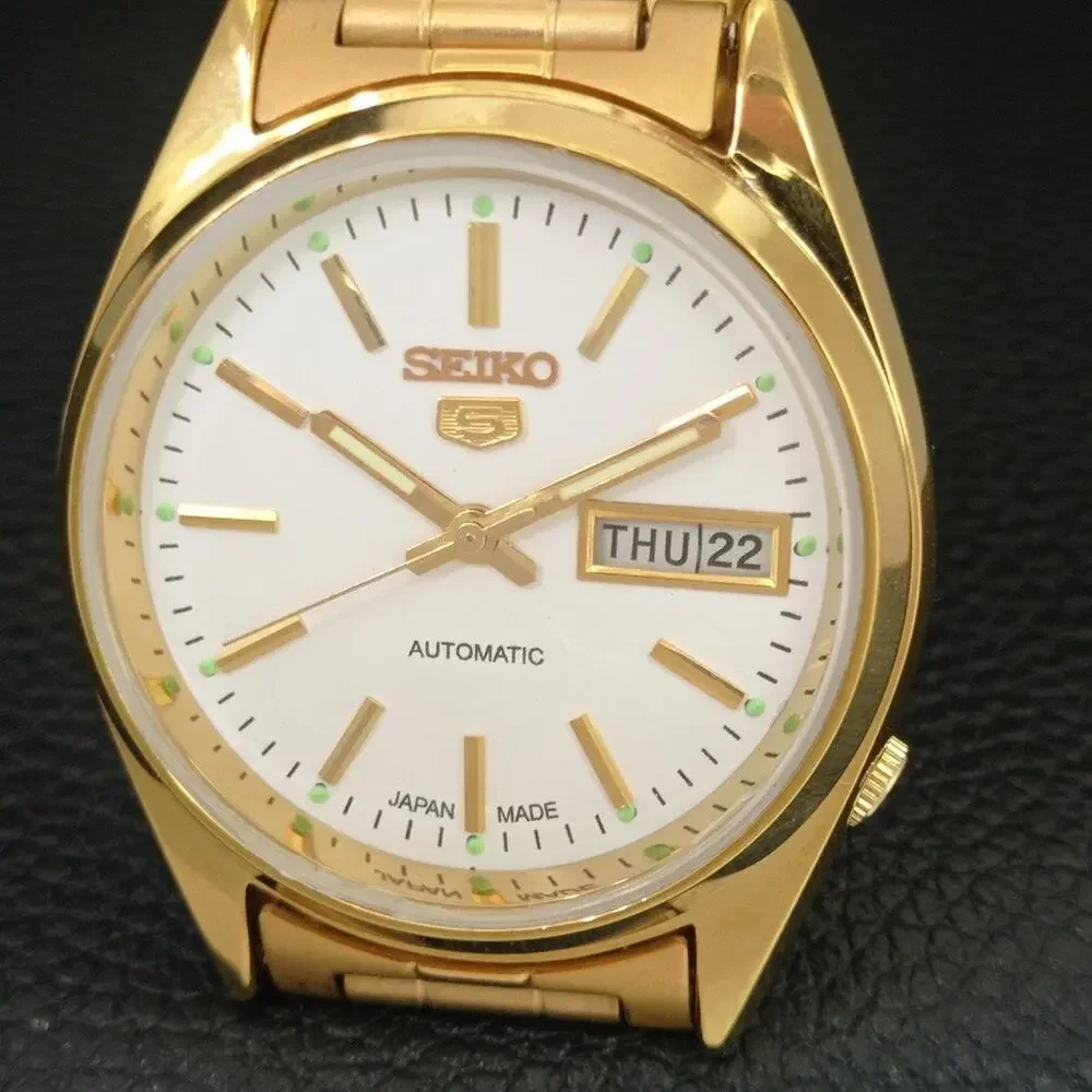 Vintage 1985 Seiko Automatic Mens Gold Watch W/daydate & White accents
